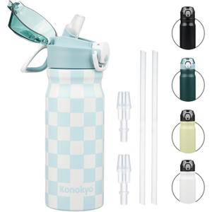 Insulated Water Bottle with Straw and Carry Loop,18 oz Stainless Steel Double Wall Vacuum Metal Water Flask with Leak-proof Lid,Blue White Plaid