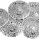Low Volume Cymbal Pack Mute Set 14'Hihats+16"Crash+18'Crash+20"Ride 5 Pieces Silver Drummer Practice Quiet Cymbal for Drum Set