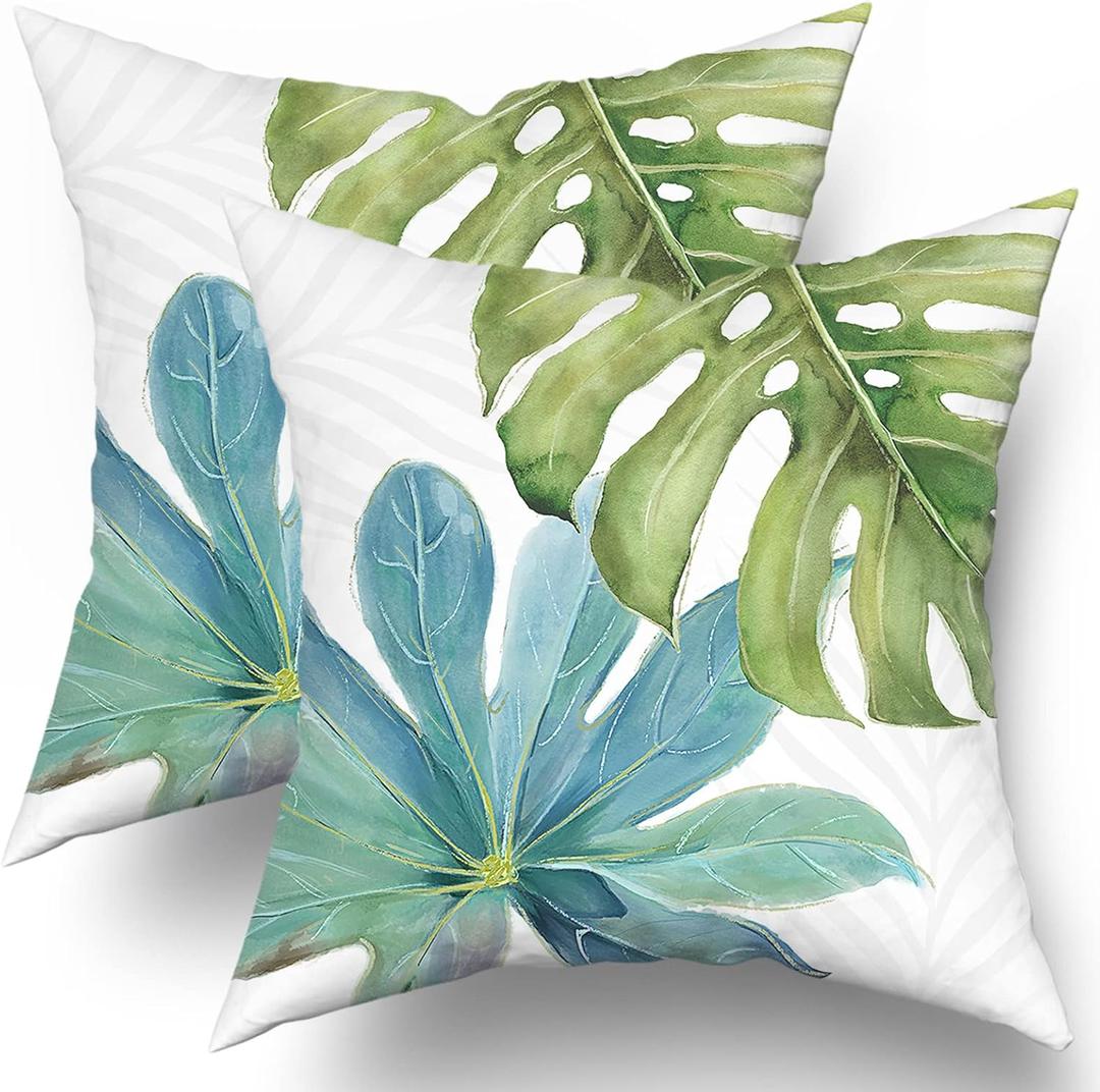 aportt Green Tropical Leaf Pillow Covers 16x16 Inch Monstera Palm Leaves Couch Pillow Cases Botanical Plant Summer Throw Pillows Set of 2 Home Decor for Living Room Bedroom Bed Cushion Outdoor