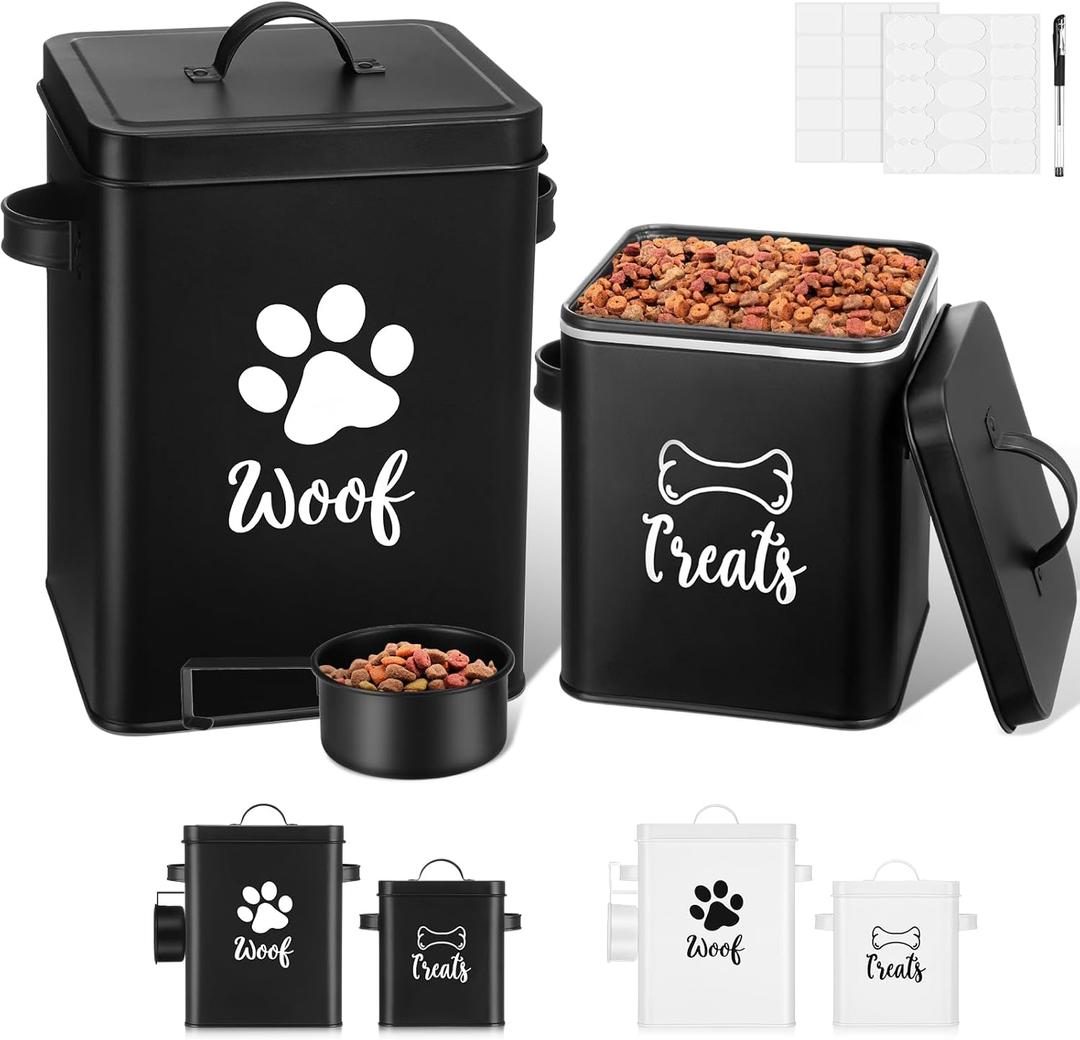 Teenyyou 2 Pcs Metal Dog Treat Containers with Airtight Lids and Spoon 7+3 Lbs Dog Food Snack Jars with DIY Labels Big Pet Cookie Storage Jar for Kitchen Counter(Black)