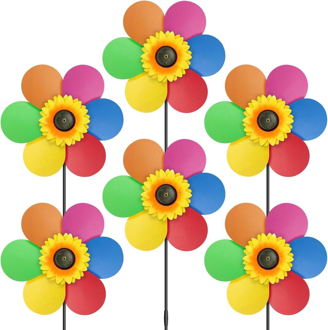 6PCS Sunflower Wind Spinners with Stakes 14" W x 29" H Wind Spinners Lawn Pinwheel Rainbow Windmill Outdoor Pinwheels for Yard DecorationRainbowcolors