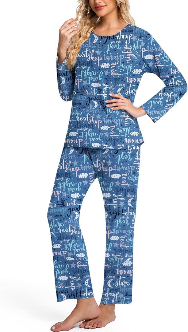 Womens Pajama Set Cotton Long Sleeve Pjs Two Piece Sleepwear with Pockets  XL, Goodnight 