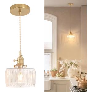 Pendant Light with Clear Striped Glass Lmapshade, Brass Vintage Pendant Light Adjustable Hanging Light for Kitchen Island Dining Room Hallway (Hardwired 1 pack)