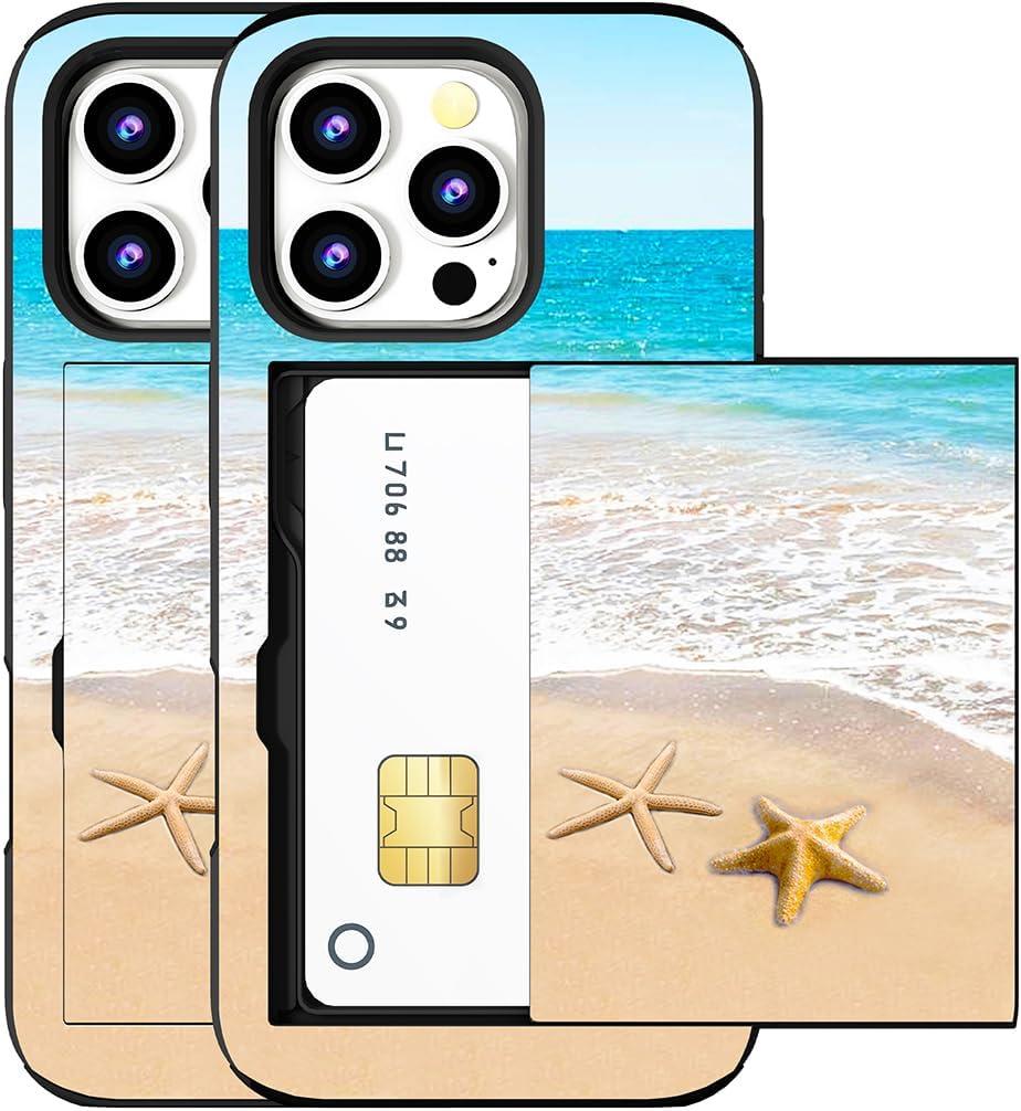 Compatible for iPhone 16 Pro Max Case with Card Holder Cute - Kawaii Design Military-Grade Drop Protection Rugged Wallet Cases for Women (Black Beach Starfish Summer)