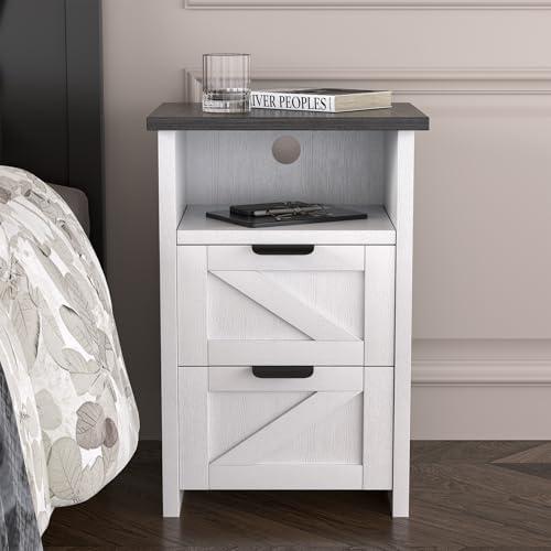 AURINEST Farmhouse Night Stand Set of 1, Bed Side Table with 2 Drawers and Storage Shelf, Rustic White End Table for Bedroom, Living, Entryway, Office, Dorm, Small Spaces, White