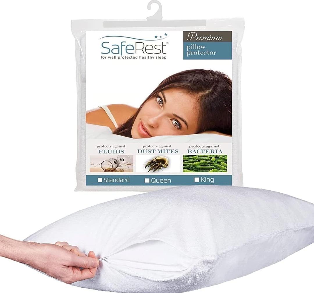 SafeRest Pillow Protector - Pack of 2 - King Size Waterproof Pillow Cover - Zippered Pillow Encasement for College Dorm Room, New Home - Cotton Terry, Waterproof, Breathable