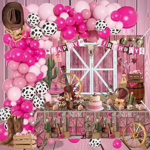 Cowgirl Birthday Party Decorations For Girls,Pink Balloons Arch Kit,Happy Birthday Banner,Backdrop,Centerpieces for Women Girls Party Decor