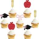 36Pcs Teacher Graduation Cupcake Toppers, Glitter Graduation Cap Apple Bow Pencil Cupcake Picks from Student to Teacher Cake Decorations for Class of 2026 Congrats Grad Party Supplies