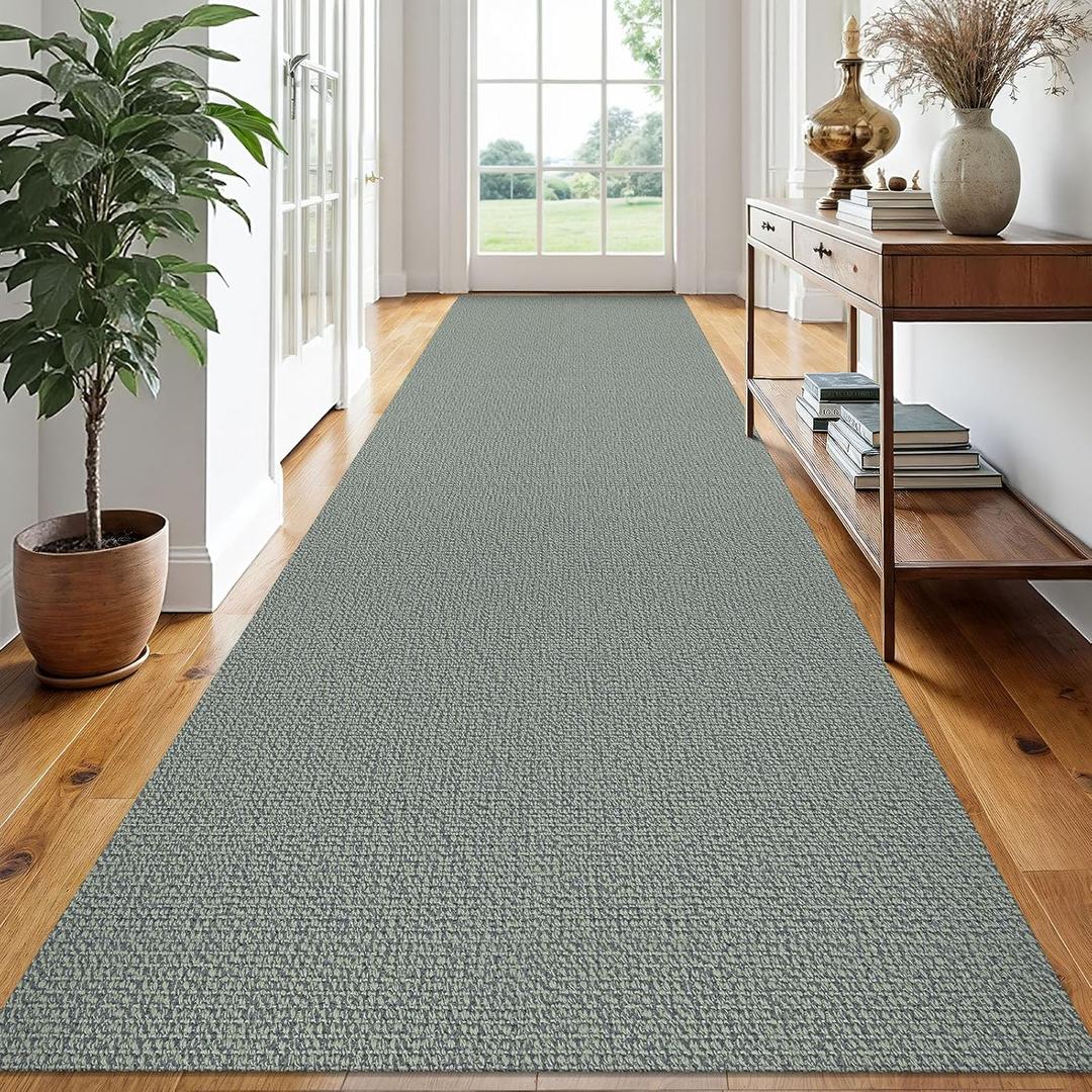 EARTHALL Extra Long Runner Rug 3x16 Ft Washable Runners for Hallways Cotton Non Slip Entryway Runner Braided Kitchen Runner Indoor Outdoor Carpet Runners for Hotels, Hall, Stair, Green/Grey