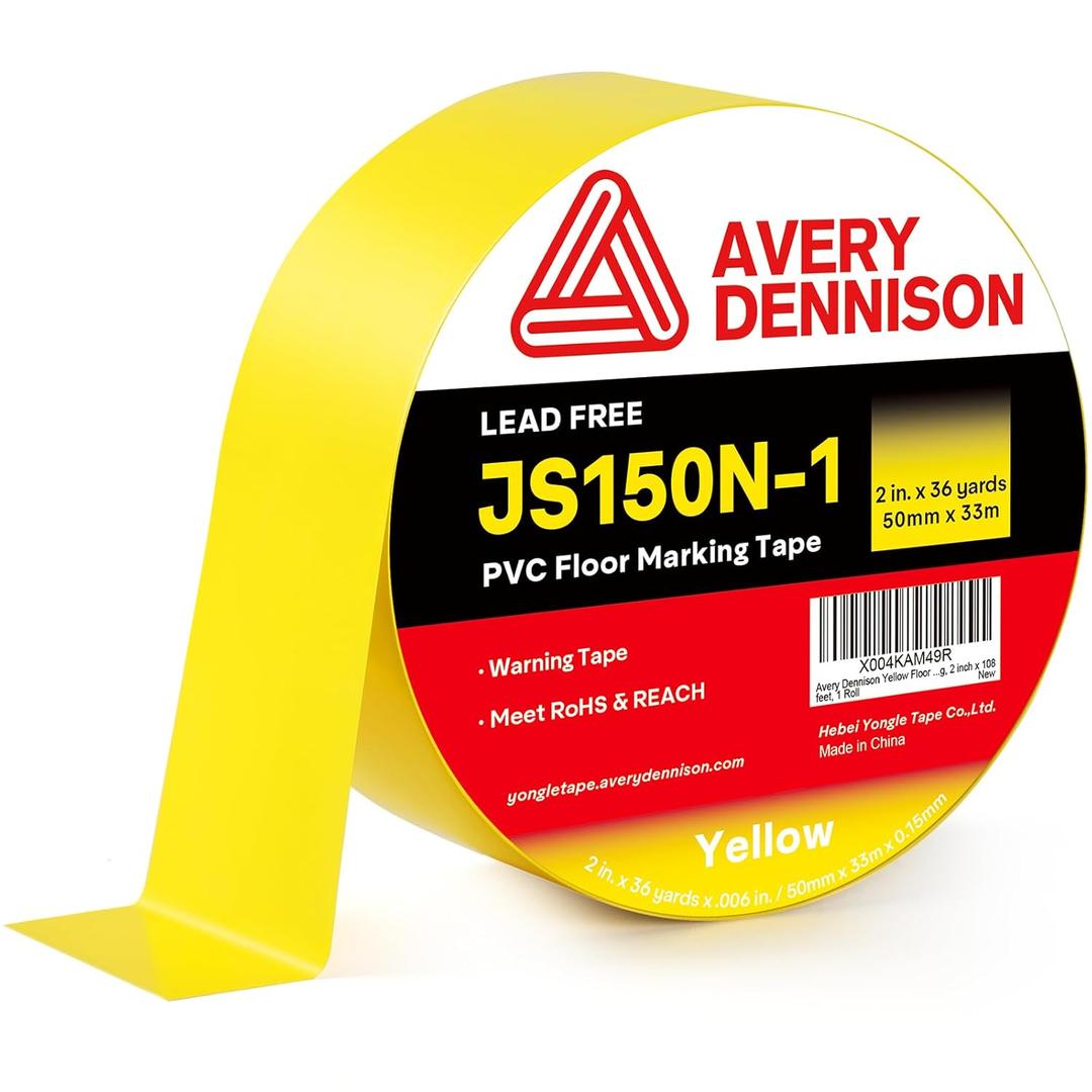 Avery Dennison Floor Marking Tape, 2 Inch x 108 Ft Yellow Caution Tape, 1 Rolls Heavy Duty Safety Tape for Indoor & Outdoor, High Adhesion & Durable | Warehouse, Factory, Parking, Retail