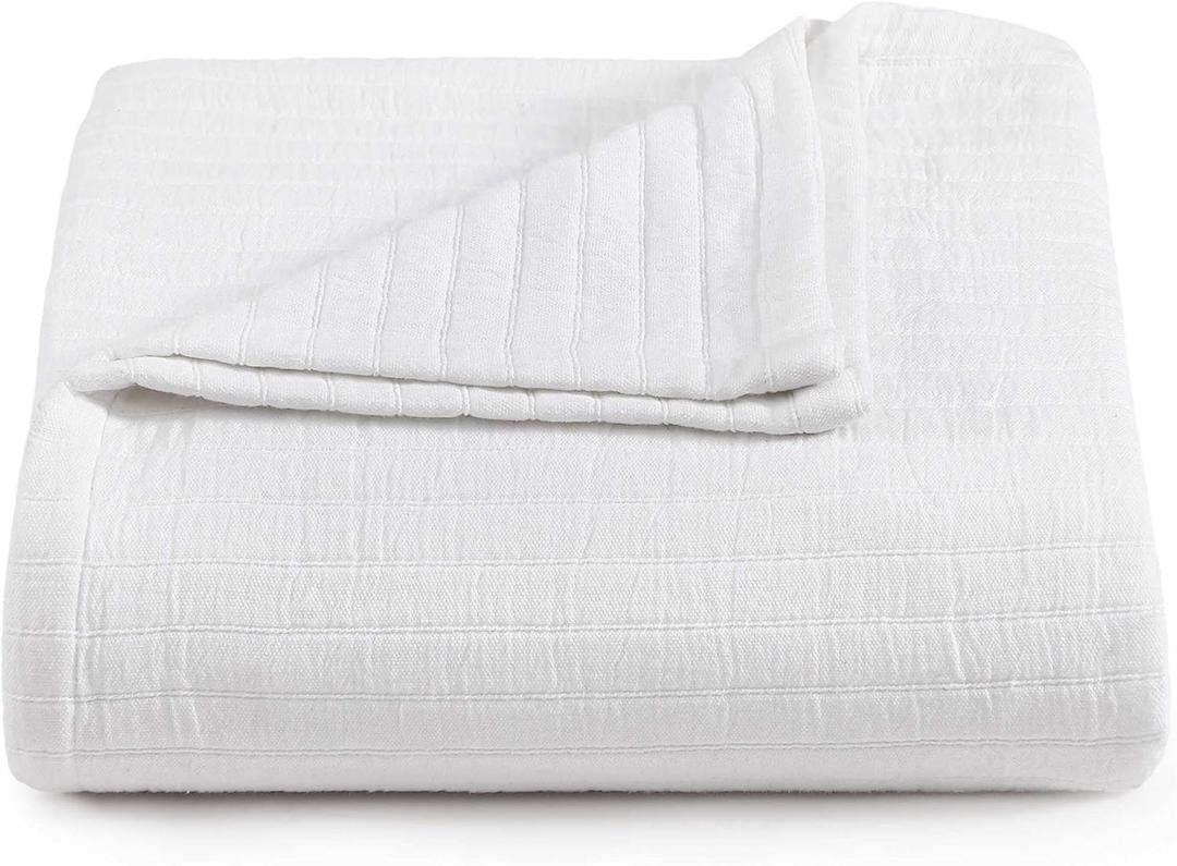 Tommy Hilfiger - Twin Cotton Blanket, Woven Channel Stitched Bedding, Medium Weight Soft Blanket, Anti-Pilling & Fade Resistant, Ideal for Layering, Oeko-TEX Certified  (Twin, Essential Weave White)
