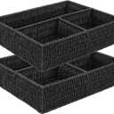 Vagusicc Wicker Divided Storage Basket, Black Wicker Baskets, Basket for Shelves Drawer Organizing, 3 Section Rectangular Woven Storage Baskets, 2-Pack (Paper Rope (Black))