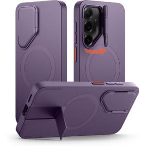 SURITCH for Samsung Galaxy S25 Phone Case, Magnetic Shockproof Bumper Case Slim Protective Cover with Camera Cover & Adjustable Metal Kickstand for Galaxy S25 (2025)-Dark Purple