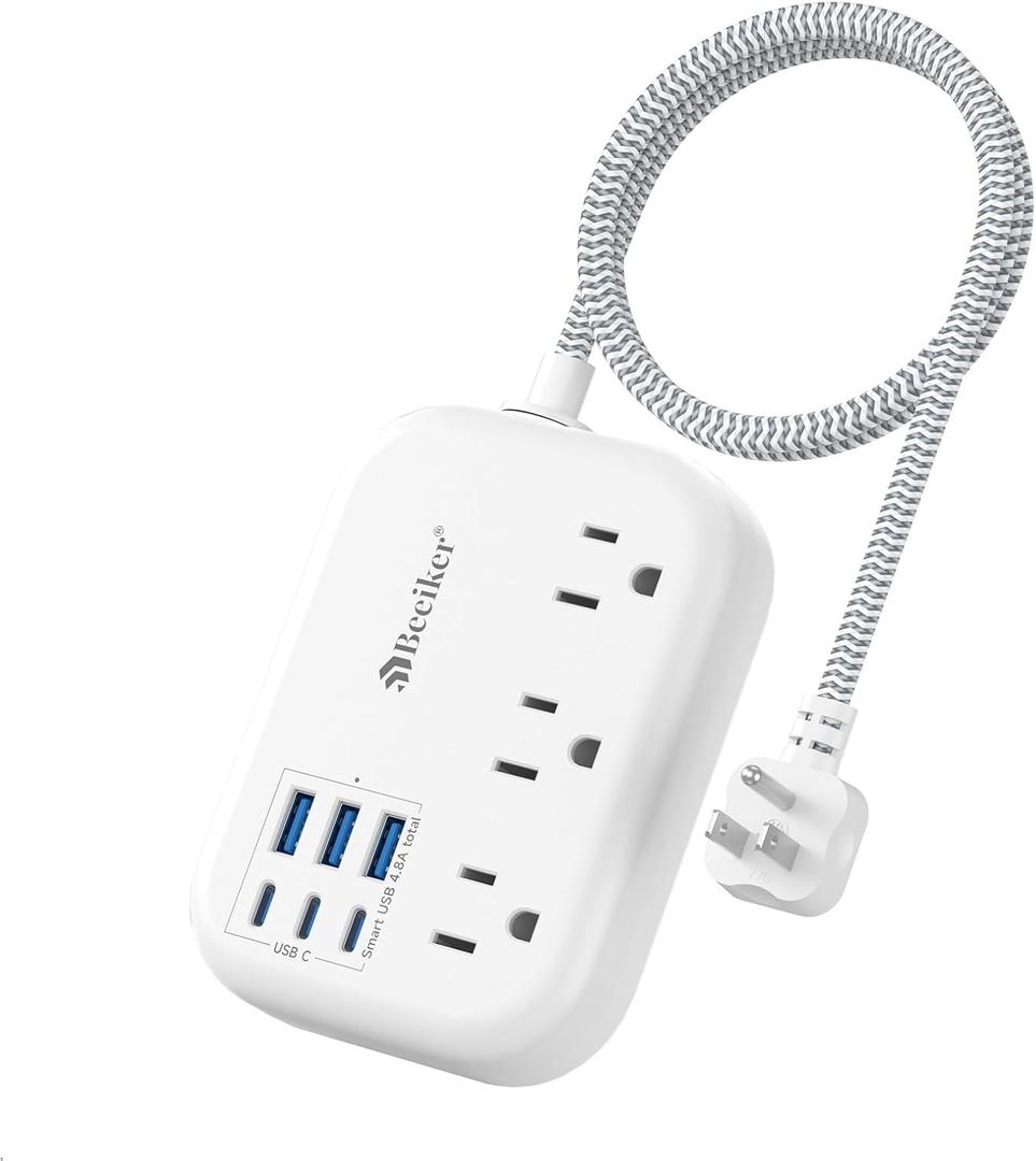 Short Extension Cord 2 Foot- 6 USB(3 USB C) Travel Power Strip with 24W USB Charging Station and 3 Outlets, 2ft Small Flat Plug Extension Cord Surge Protector for Travel Home College Dorm 13A