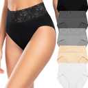 Wealurre Womens Underwear Cotton Bikini Panties for Women High Waisted Lace Hipster Stretch Briefs for Ladies 5 Pack (Large, Grey)