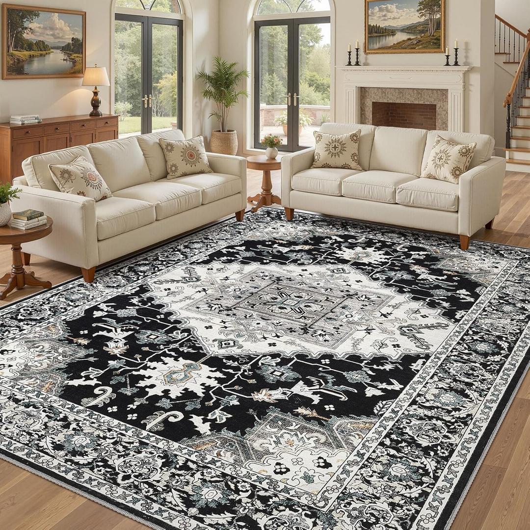 10x14 Washable Area Rugs for Living Room: Non Slip Vintage Black Rug, Large Soft Stain Resistant Indoor Floor Carpets for Bedroom Dining Room Nursery Home Office Kid & Pet Friendly