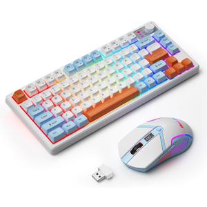 BlueFinger 75% Wireless Gaming Keyboard and Mouse with Smart Display, Rechargeable Light Up Wireless Keyboard with Knob Control, RGB Backlit Gaming Mouse for Mac Laptop Computer PC Gamer (White)