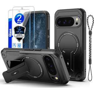 for Google Pixel 10&10 Pro Casefor Pixel 9&9 Pro Case[Compatible with MagSafe][with 2*Fingerprint Unlock Glass Screen Protector],Built in Invisible Stand,Shockproof Protective Phone Cover(Black)