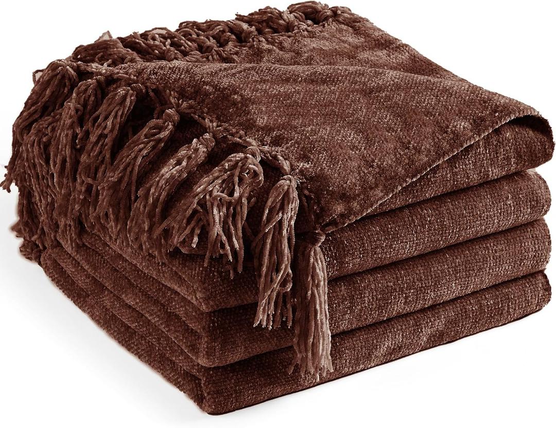 Chenille Throw Blanket for Couch 50"X 60", Soft Cozy Throws with Fringe Tassel for Bed Sofa Chair Cover, Lightweight Knitted Decorative Boho Blankets for Living Room, Dark Brown, 2