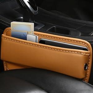 Car Seat Gap Filler Organizer, Leather Car Cup Holder Gap Bag, Adjustable Car Seat Gap Storage Box with Cup Holder, Car Seat Storage Organizer, Car Accessories for Glasses, Keys, Cards (Khaki)