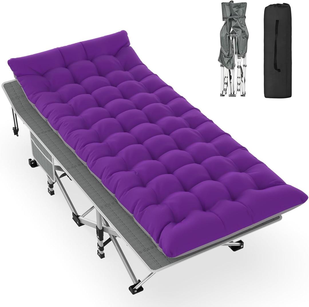 Slendor Folding Camping Cot with Mattress, 74" L x 28" W x 15" H Camp Cots for Adults, Portable Sleeping Cot Bed for Tent, Office, Travel, Max. 500lbs Load, Striated Gray Cot, Gray+Purple Pad