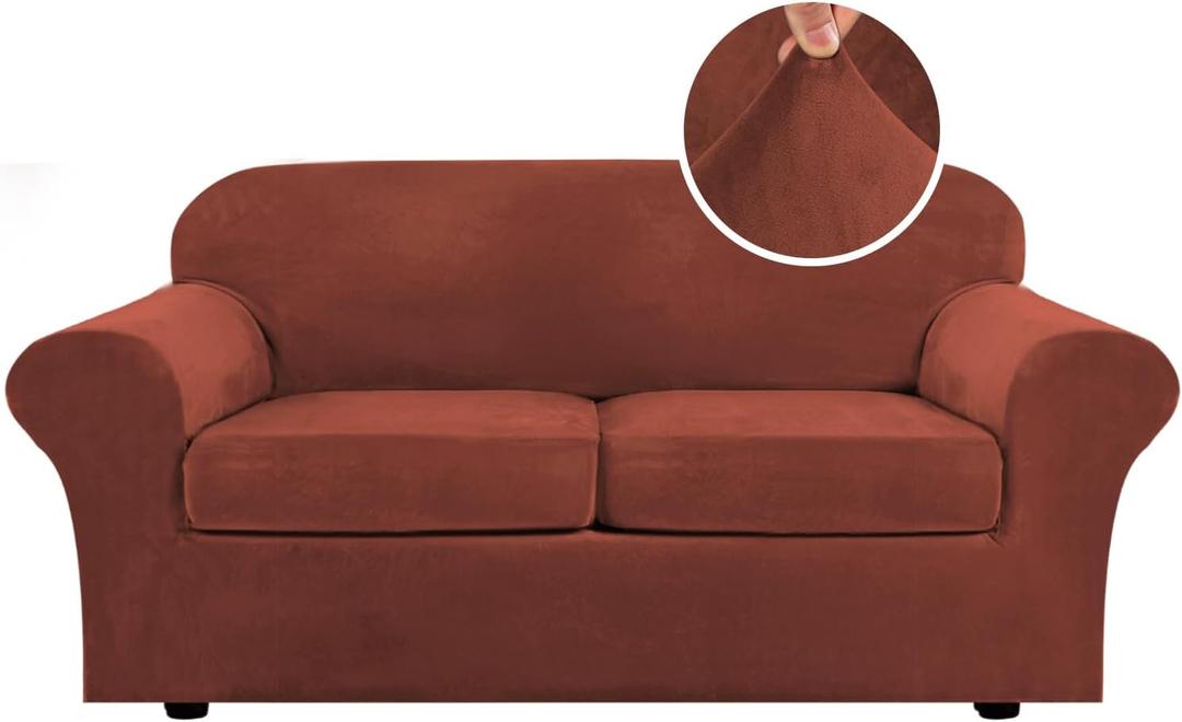 H.VERSAILTEX Real Velvet Plush 3 Piece Stretch Sofa Covers Couch Covers for 2 Cushion Couch Sofa Slipcovers (Base Cover Plus 2 Large Cushion Covers) Thick Soft Stay in Place (Large Sofa, Rust