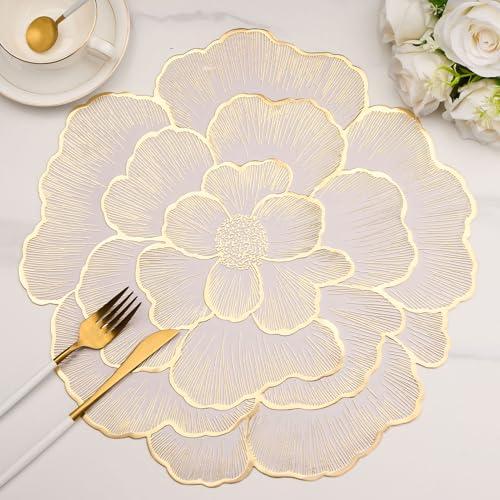 15 Inch Gold Floral Shaped Vinyl Placemats for Dinner Table Set of 6 Plastic Dining Table Mats for Wedding Annersary Kitchen Decoration
