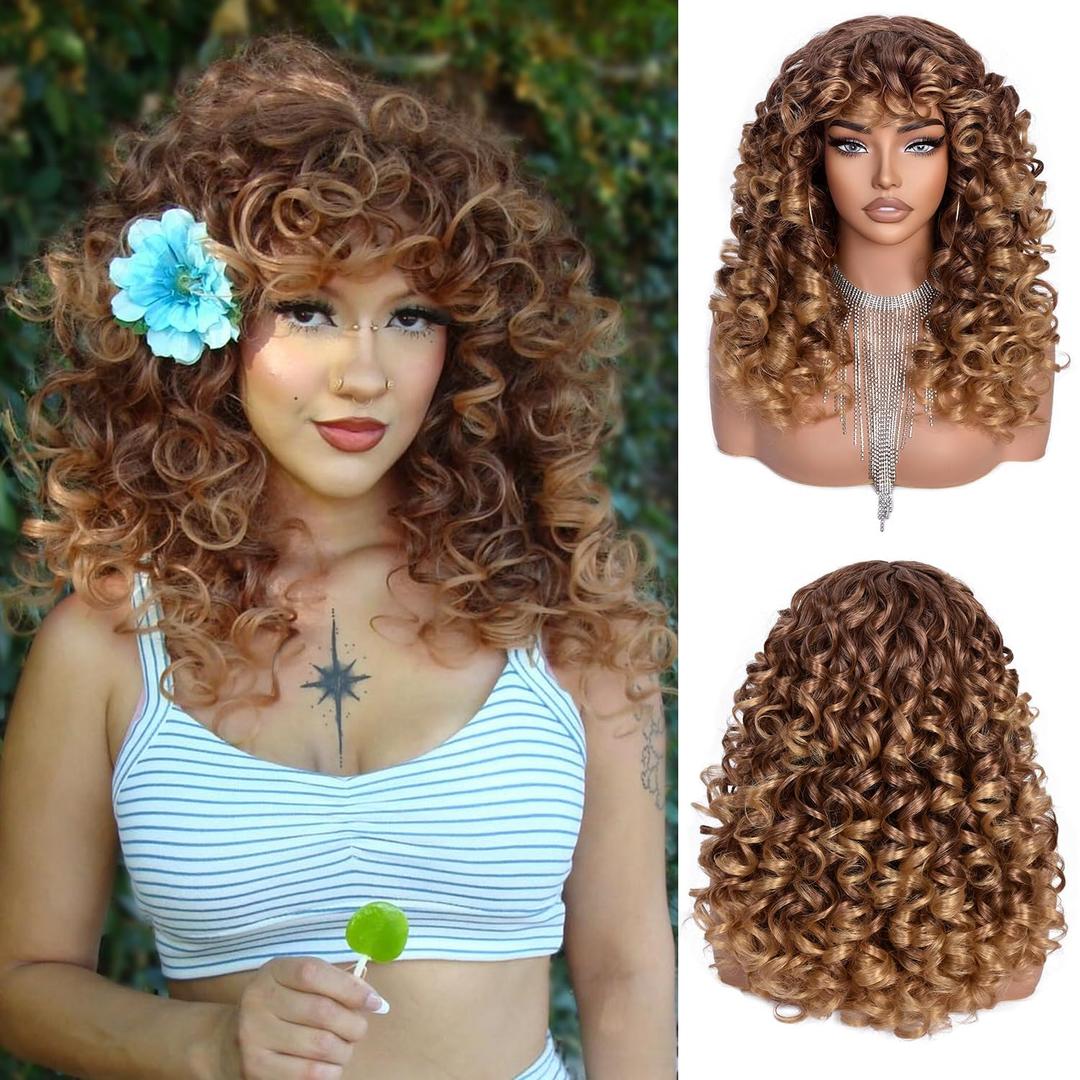 RunM Curly Wig with Bangs for Black Women Long Curly Afro Wig Big Bouncy Fluffy Synthetic Fiber Glueless Hair for Cosplay and Daily 17 Inch（Ombre Blonde）