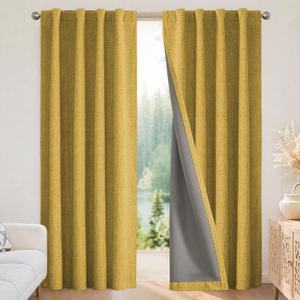 Joydeco Blackout Curtains for Bedroom - 84 Inch Long 100% Light Blocking 2 Panels Set Yellow Drapes, Thermal Insulated Room Darkening Curtains, Linen Textured for Living Room, Rod Pocket & Back Tabs