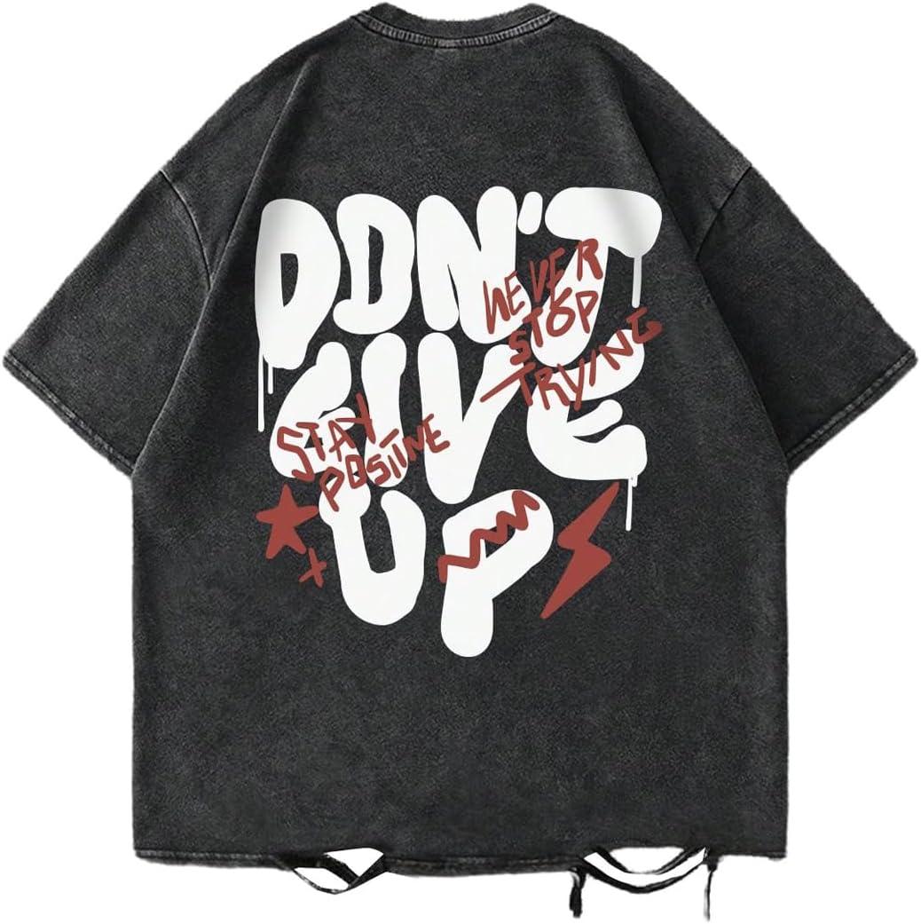 Men's Letter Graphic Oversized Tshirts Ripped Short Sleeve Baggy Distressed Tee Shirt (Medium, Black)