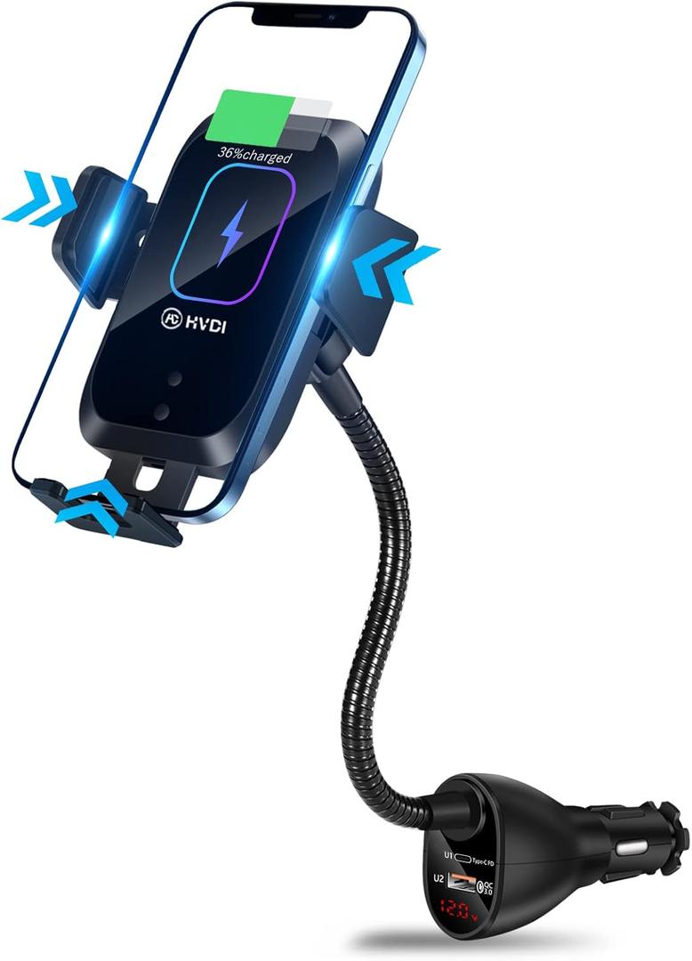 HVDI Wireless Car Charger Mount,Car Cigarette Lighter 15W Qi Fast Charging Auto-Clamping Dual QC 3.0 Port Air Vent Car Charger Phone Holder,for iPhone 13 Pro Max/12/11/XR/X/8,Samsung S21/S20/S10/9/8