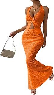 SOLY HUX Women's Two Piece Outfits Twist Front Halter Cami Tops and Skirt Summer Set, Solid Orange, Medium