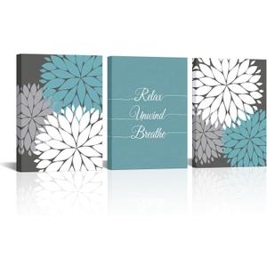 Zlove Blue and Grey Bathroom Wall Decor Dahlia Flower Painting Prints Relax Signs Artwork for Spa Yoga Room, 12"x16", 3Pcs