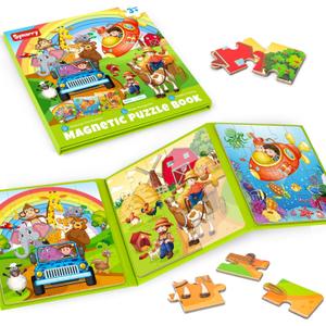 SYNARRY Magnetic Puzzles for Kids Ages 3-5, 20 Pieces Toddler Animal Puzzles for Kids Ages 4-6, Easter Basket Stuffers Gifts for Kids, Car Airplane Road Trip Activities Magnet Games Toy for Boys Girls