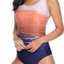American Trends One Piece Swimsuit Women Criss Cross Back Color Block Print Bathing Suits Athletic Modest Swimwear (6-8, E Orange Gradient)