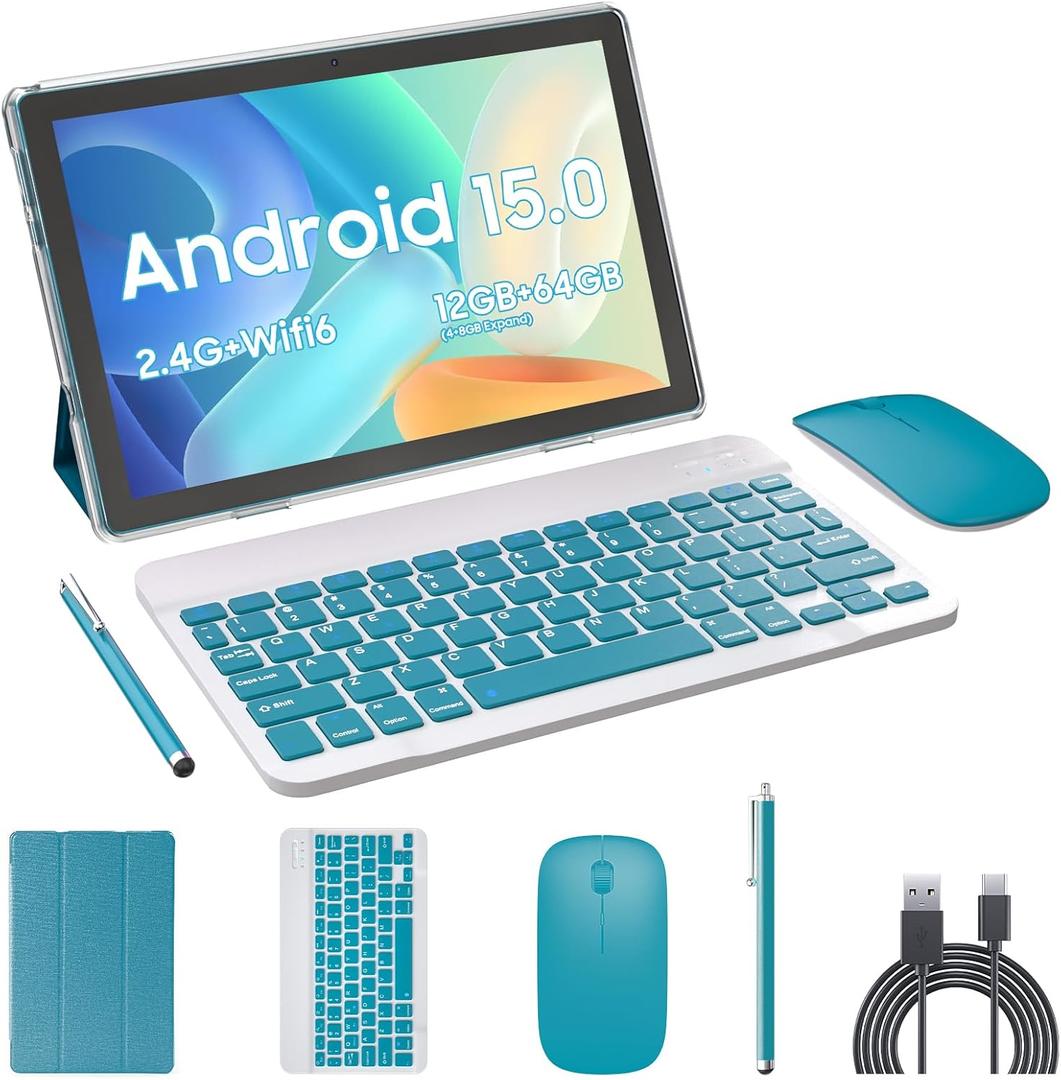 Tablet Android 15, 2 in 1 Tablets 10 inch with Keyboard Mouse Case Stylus, 8GB+64GB+1TB Expand, 1280 * 800 IPS Touch Screen Computer, 5G WiFi 6, L1, Long Battery Life Tablet Green