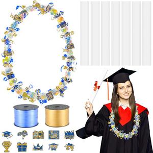 Teling 60 Set Graduation Candy Lei Making Kit Hawaiian Candy Lei Tubing Kit Includes 60 Pcs Candy Lei Bags 2 Rolls Ribbons 600 Pcs Paper Cut for Graduation Party Gift(Dark Blue, Gold)