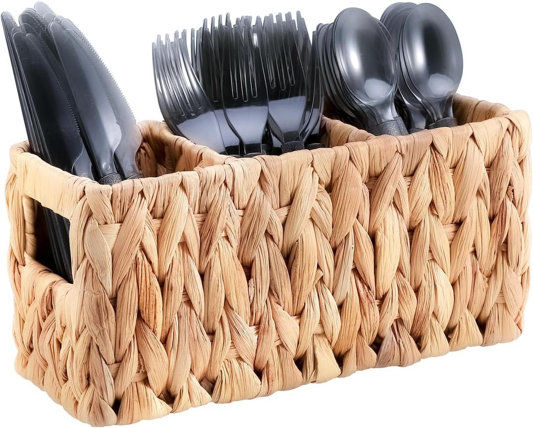 Niuirt Wicker Party Silverware Caddy, Small Water Hyacinth Plastic Cutlery Utensil Holder, Hand Woven with Handles, Kitchen Countertop and Picnic flatware Organizer