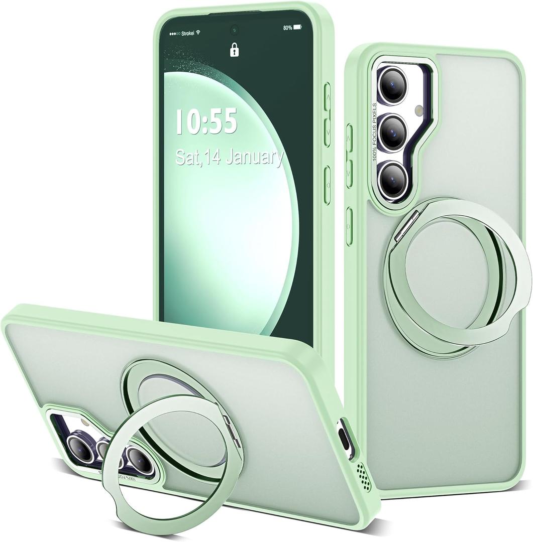 for Samsung Galaxy S23 FE Case with 360 Rotatable Magnetic Ring Stand Compatible with Mag-Safe Military Protection Shockproof Matte Translucent Phone Cases for S23 FE,Green