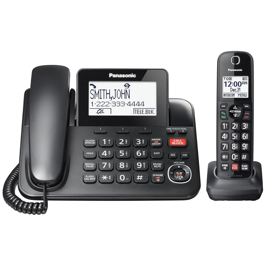 Panasonic Corded/Cordless Phone with Advanced Call Block, 2Way Recording and Digital Answering Machine, 1 Handset Expandable up to 6 Cordless Handsets  KXTGF850B (Black)