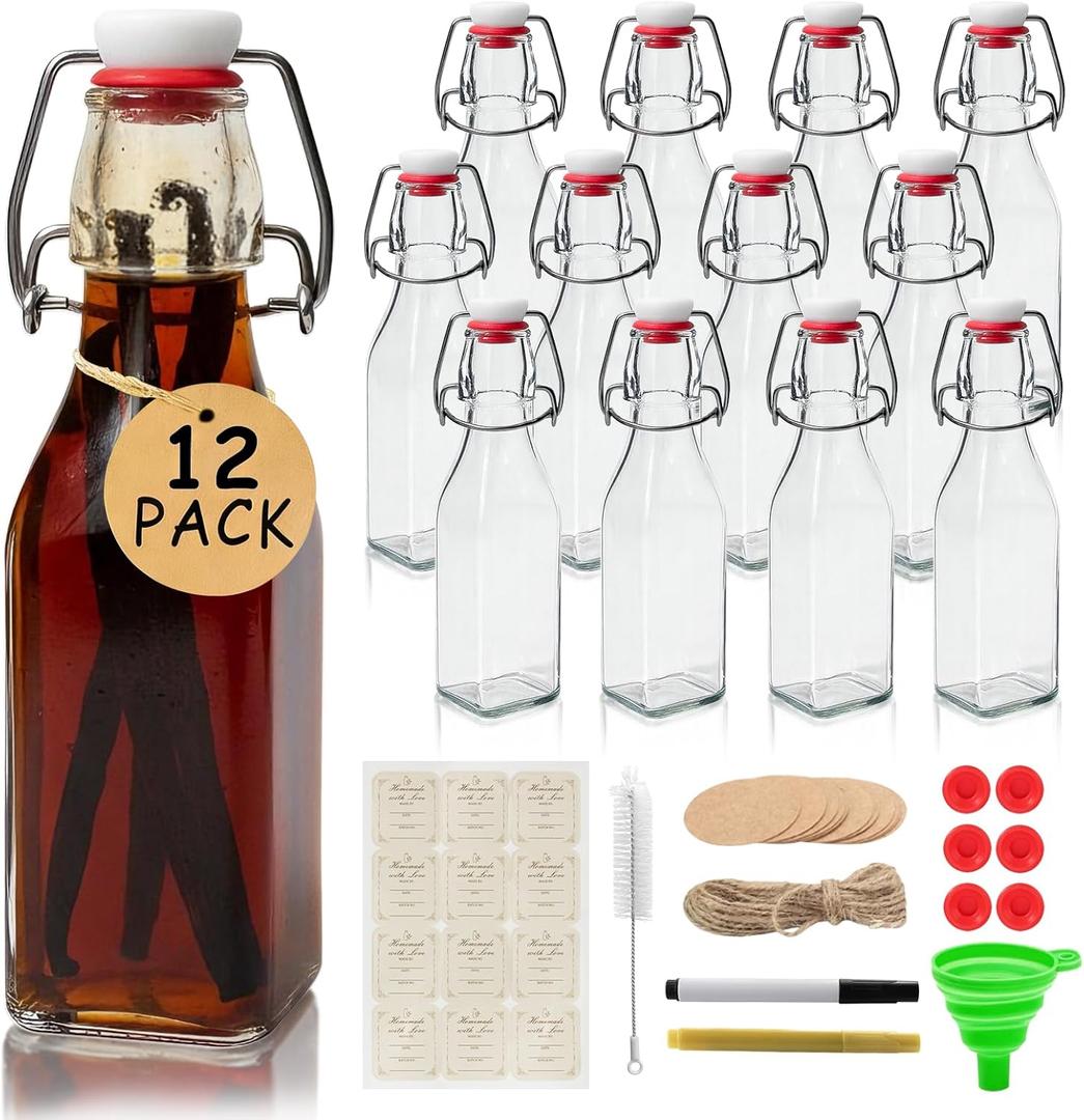 Ruckae Square Swing Top Glass Bottles with Lids Kombucha Coquito Flip Top Glass Bottle for Syrup Vanilla Extract Brew Beer Kefir Air Tight Bottles for Gift (8.5 oz 12 Pack)