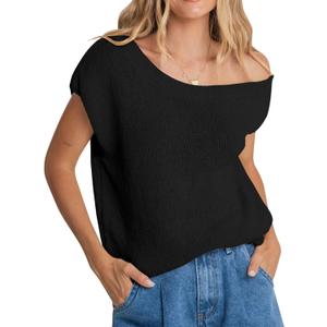 Balimtoy Women Off One Shoulder Crochet Sweater Top Asymmetrical Short Sleeve Loose Going Out Tops Casual Knit Tshirt (Large, Black)