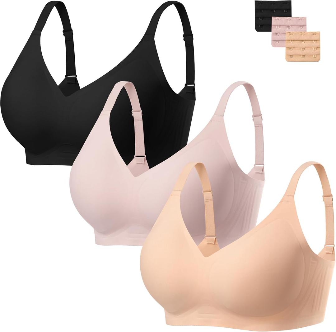 habibee Bra for Women No Underwire Comfort Seamless Bras Push Up Wireless Bras Full Coverage Bralettes, Bra Extender (Large, Black+nude+pink)