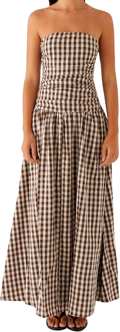 Women's Strapless Tube Long Dress Y2K Sleeveless Off Shoulder Ruched Backless Flowy Bodycon A Line Party Maxi Dress (Light Brown, Small)