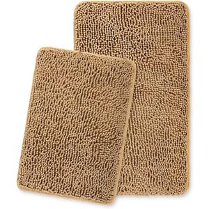 Yeaban Bathroom Rugs Sets 2 Piece  Thick Chenille Bath Mats | Absorbent and Washable Bath Rug Non-Slip, Plush Rugs for Bathroom, Shower, Sink(Tan, 17"x24" and 20"x32")