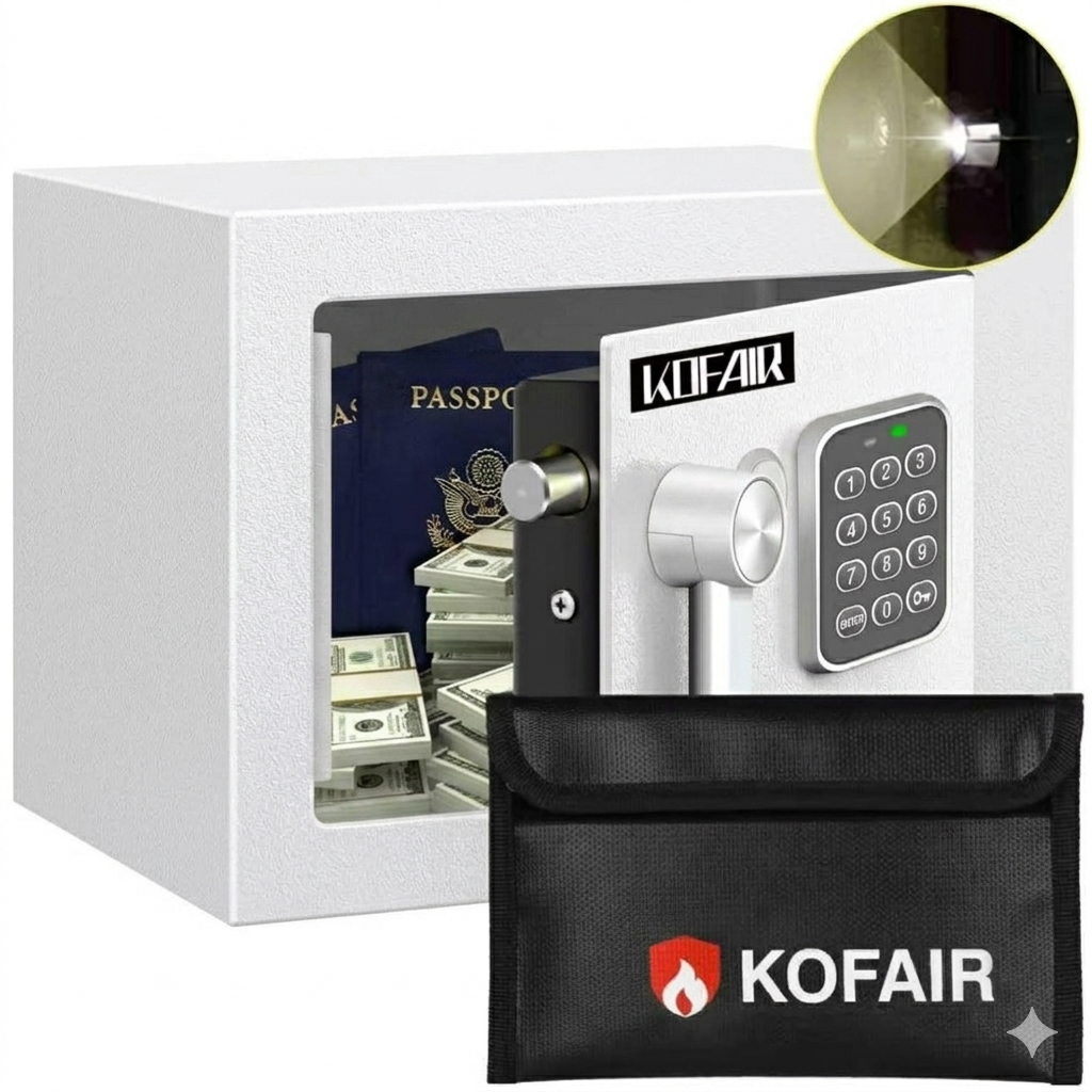 KOFAIR Safe Box for Home Safe (0.23 Cubic Feet) with Fireproof Bag, Personal Money Safety for Cash Saving, Mini Safety with Key, Digital Safety Box with Light, Money Lock Box (White)
