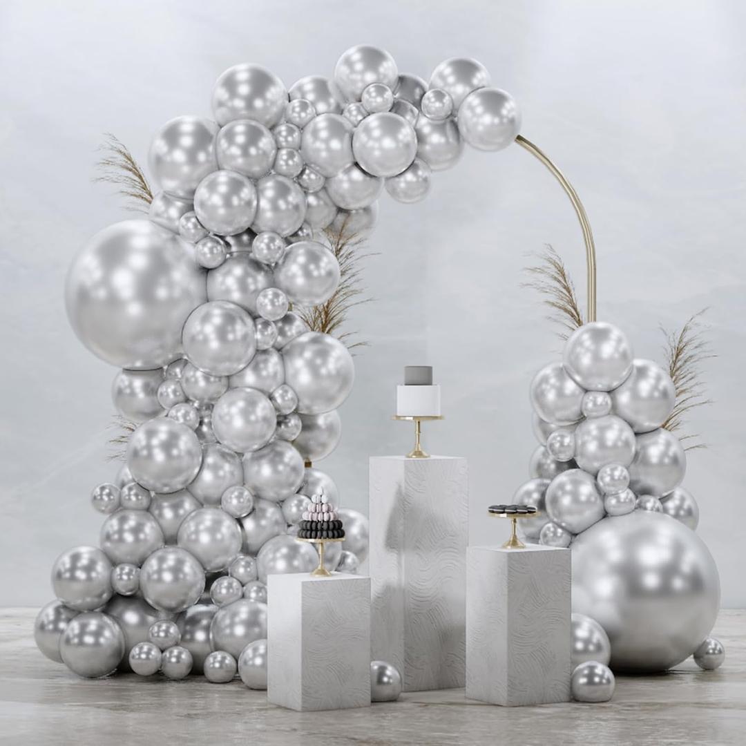 PartyWoo Metallic Silver Balloons 92 pcs Different Sizes Pack of 18 12 10 5 Inch Chrome Silver Balloon Arch Kit Garland for Graduation New Year Wedding Birthday Party Decorations Silver-G102