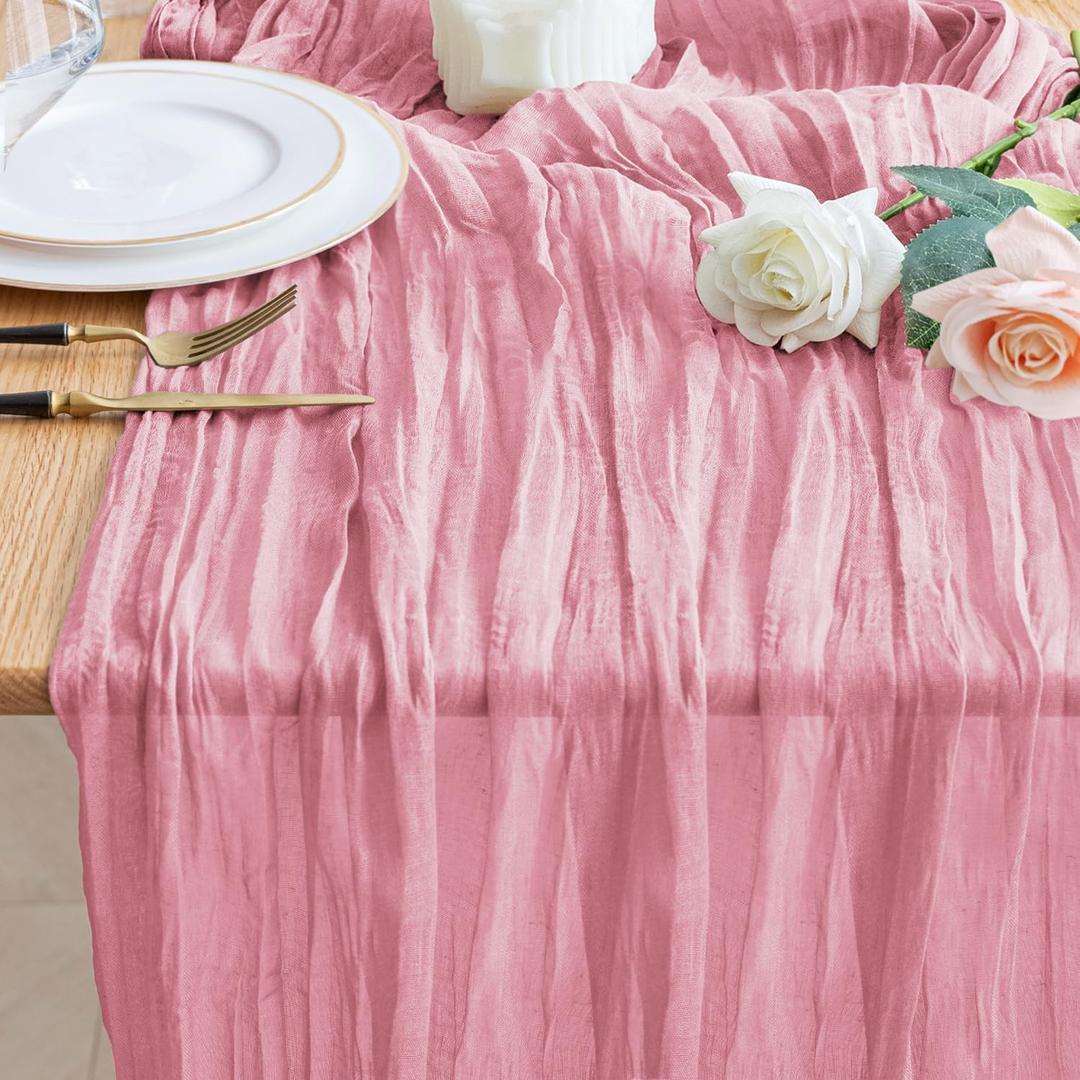 Wokceer Cheesecloth Table Runner Pink 10FT Boho Gauze Cheese Cloth Table Runner for Party Long Rustic Sheer Table Runners for Baby Bridal Shower Wedding Easter Table Decor (1 Pack)