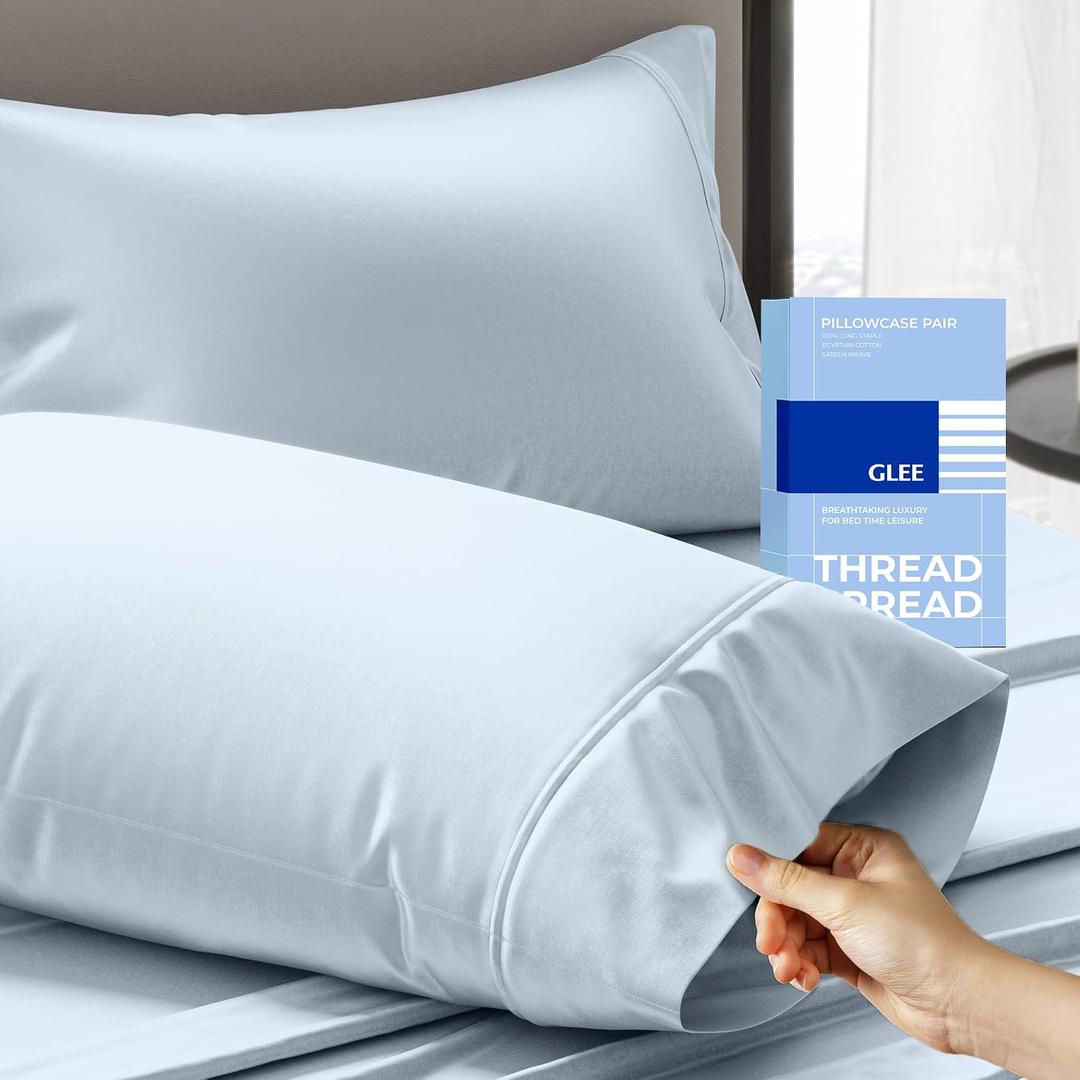 Thread Spread 100% Cotton Pillow Cases Queen Size Set of 2 - Luxury 400 Series Glee Collection Queen Pillow Cases (Light Blue), Soft Cooling Breathable Hotel Cotton Pillowcases, Fits Standard Pillows