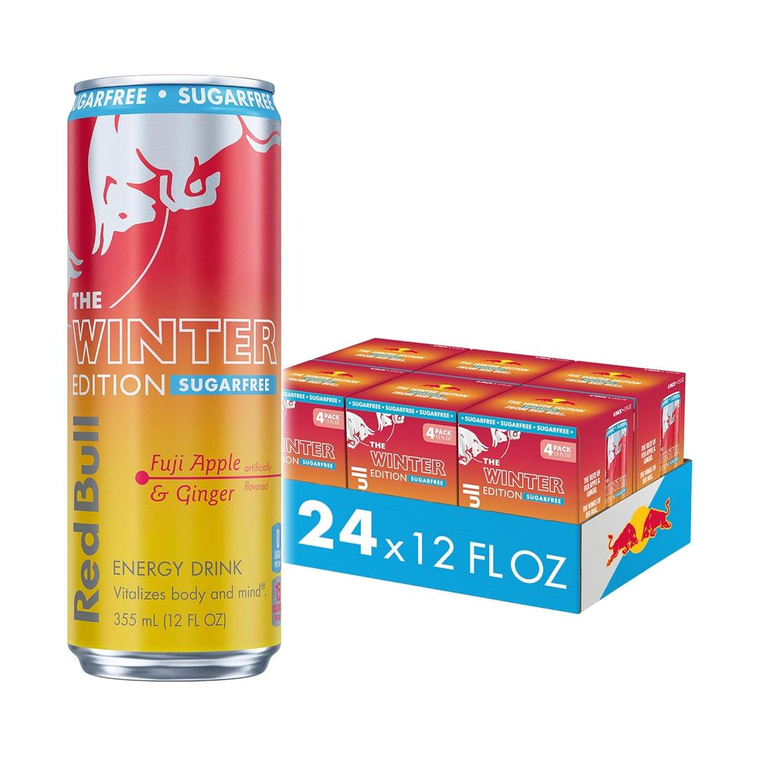 Red Bull Sugar-Free Fuji Apple and Ginger Winter Edition Energy Drink, with 80mg Caffeine plus Taurine & B Vitamins, 12 Fl Oz, 6 Packs of 4 Cans (Pack of 24), Best By: 09-23-26